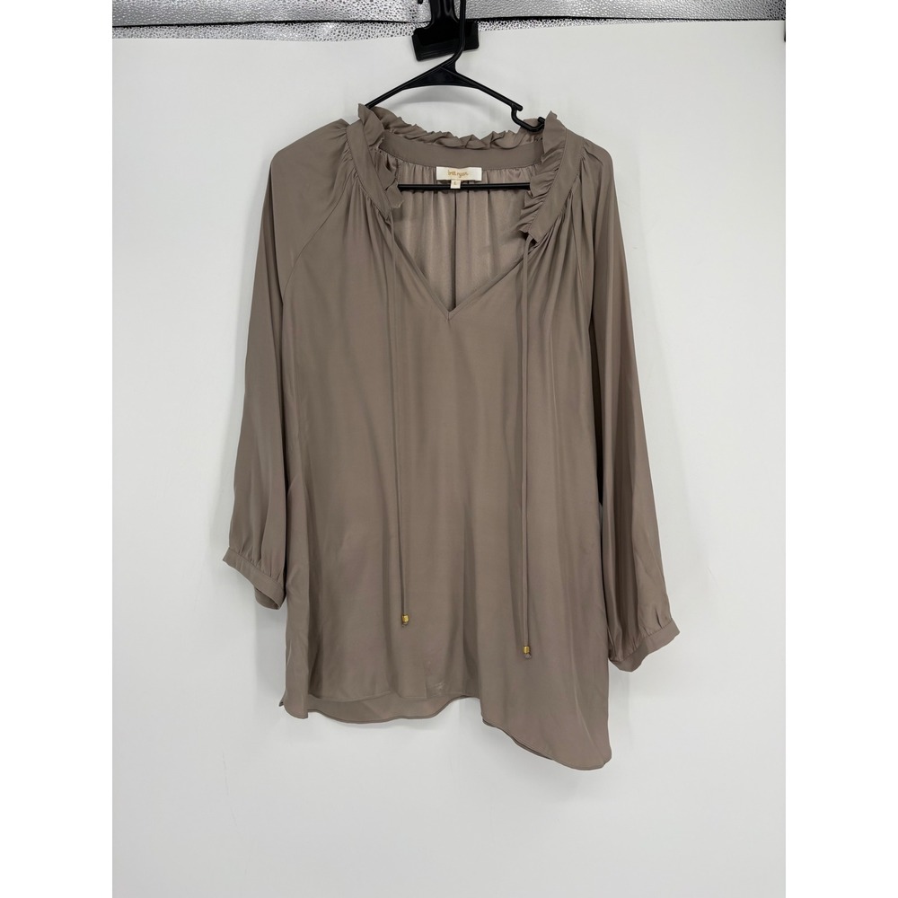 Britt Ryan Blouse Women L Taupe Silk Ruffle V-Neck Tie Front Long Sleeve Top